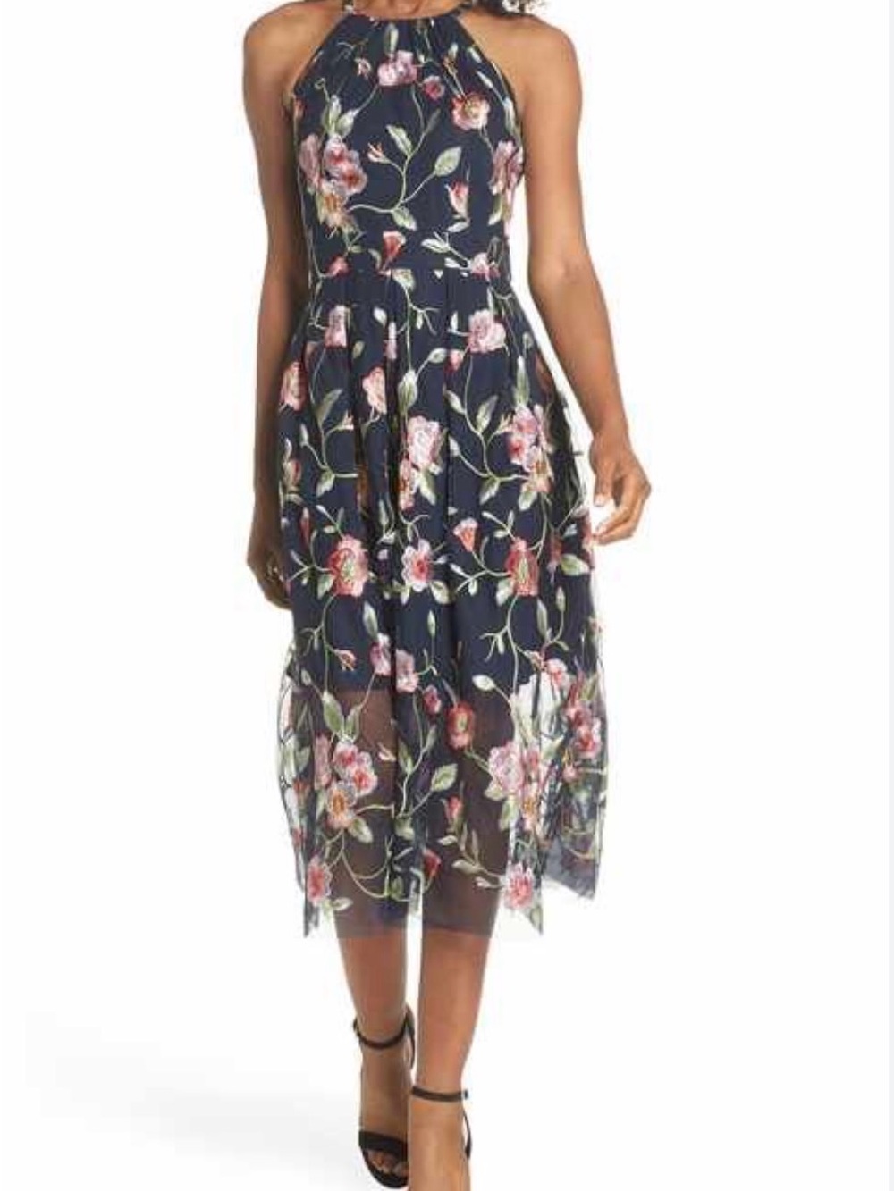Vince Camuto Navy Halter Midi Dress with Pink Floral Embroidery